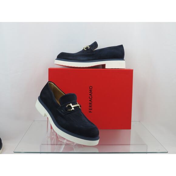 NIB FERRAGAMO FIORELLO BLUE SUEDE GANCINI BIT LOGO LOAFERS 11.5 ITALY main image 10